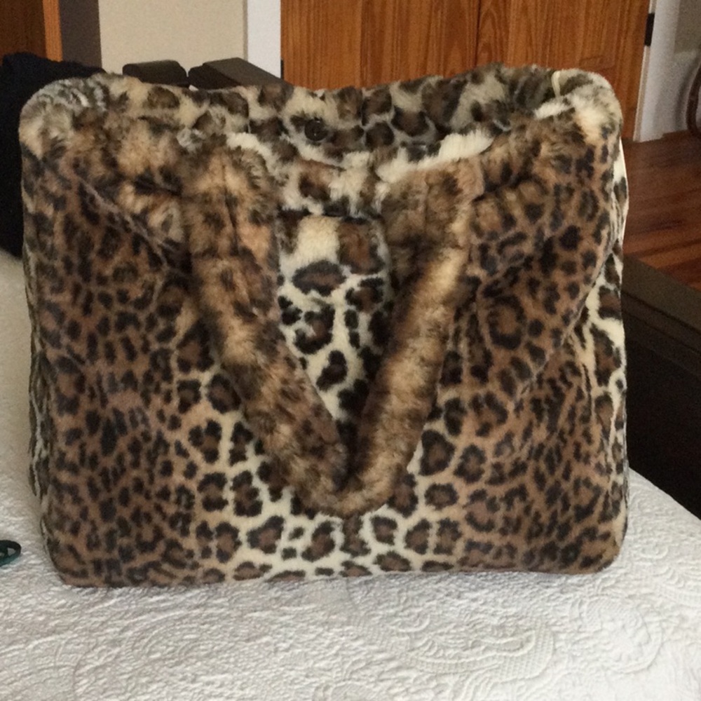 Leopard Print Faux Fur Tote Bag - Brown & Cream